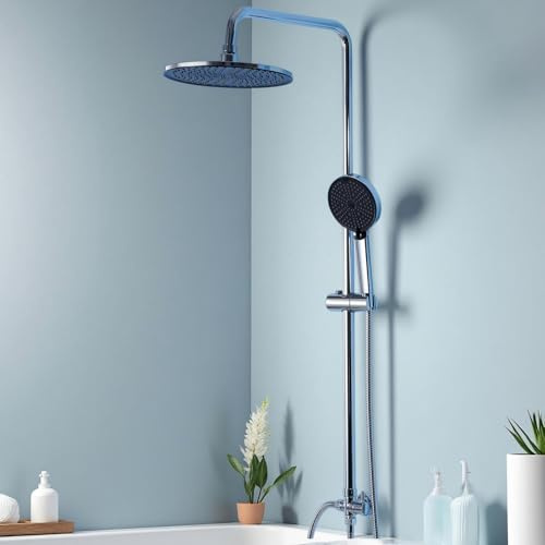 Auralum Regendusche ohne Armatur, Duschset mit Ø250mm runder Regendusche, 4 Strahlarten-Handbrause und höhenverstellbarer Duschstange – ideal zum Nachrüsten, Chrom glänzend