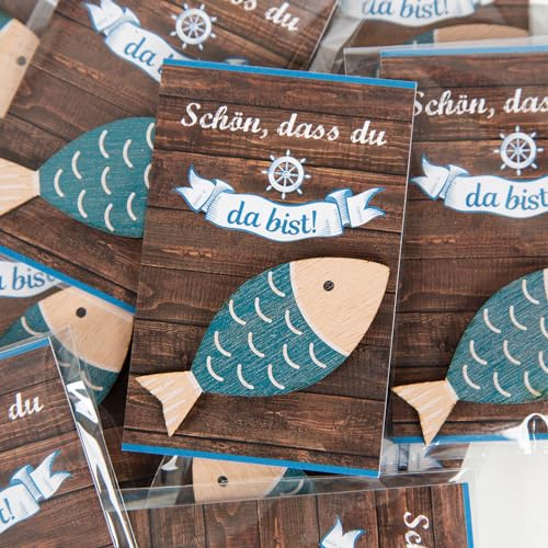 Logbuch-Verlag 10 kleine Holzfische mit Karte Gastgeschenk Fische Schön, DASS du da bist maritim für Taufe Kommunion Konfirmation