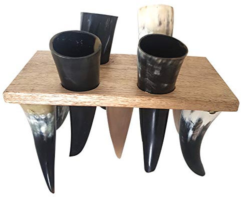 Juego de 4 bocinas, diseño de cuerno vikingo ceremonial antiguo con soporte de madera