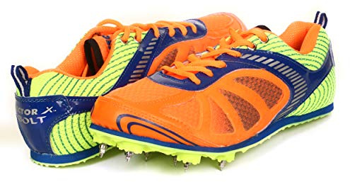 KD VX Chaussures de Course athlétique - Chaussures de Course à Pied - Chaussures à Crampons avec clé Amovible, (Boulon Orange/Bleu.), 33 EU