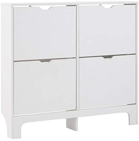 GFW Narrow White 4 Drawer Shoe Cabinet, Slim Shoe Storage Cabinet for 8 Pairs, Space Saving Hallway Shoe Organiser with Pull Down Compartments