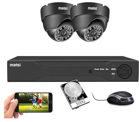 MAISI 3K CCTV Security Camera System, 4CH DVR 2x 5MP Dome Cameras, Night Vision, Easy Mobile View, App Push Notification, Waterproof, 500GB Hard Drive