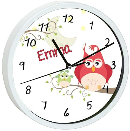 CreaDesign, Wanduhr Kinder personalisiert mit Name, Motiv Eule Mama, Rahmen Wanduhr weiß, Ø 19,5 cm
