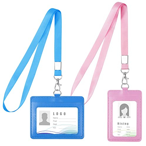 Vicloon Leather ID Badge Holder, 2pcs 2-Sided PU With Clear Window, Credit Card Slot and Detachable Neck Lanyard (Pink Vertical + Light Blue Horizontal)