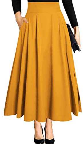 Trachtenrock Damen Langer Rock Gelb mit Schlitz Maxi Midi Elegante a Linie Strand Festlich Maxirock Faltenrock Plisseerock Sommerrock Leicht Strandrock Röcke mit Taschen Tüllrock M