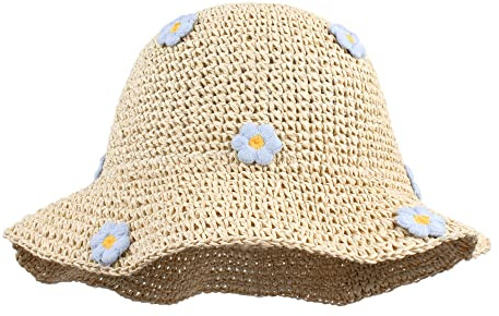 Meliyya Chapeau de paille pour femme - Pliable et réglable - Chapeau de soleil à fleurs - Chapeau de plage à large bord - Chapeau d'été