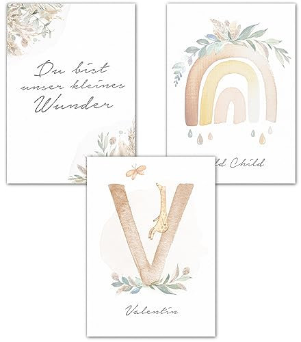 double critical Wandbilder Kinderzimmer Poster 3er Set Name personalisiert Wild Child Bild Babyzimmer Boho Regenbogen Poster Mädchen Wanddeko A4 A3