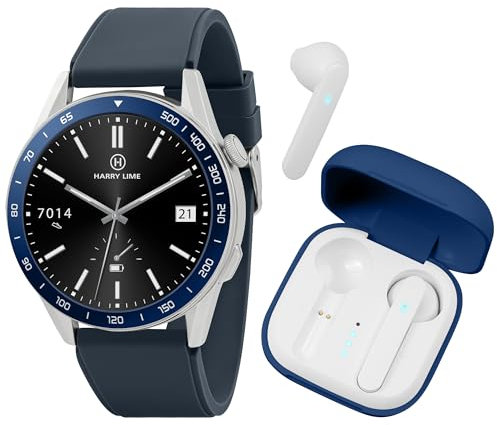 Harry Lime Montre connectée Series 27 avec Bracelet en Silicone Bleu Marine avec écouteurs sans Fil dans Un étui de Chargement