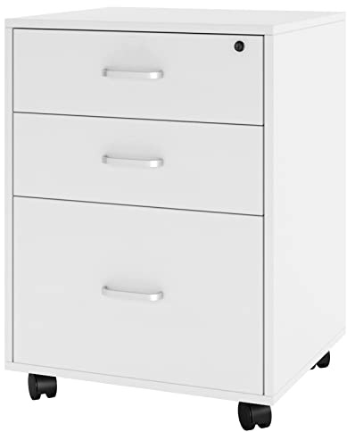 SDHYL Aktenschrank, 3 Schubladen mit Rollen, obere Schublade mit Schloss, mobiler Aktenschrank, großer Stauraum, geeignet für Home Office, Weiß
