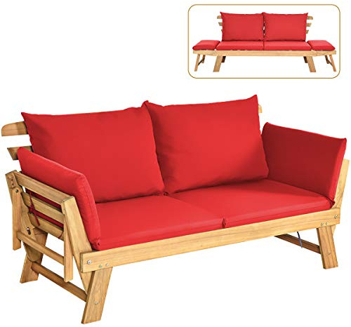 COSTWAY Trädgårdsbänk med liggfunktion, trädgårdssoffa med dynor och fällbart armstöd, balkongbänk av trä, sittbänk för trädgård, terrass och balkong, 198 x 75 x 75 cm (röd)