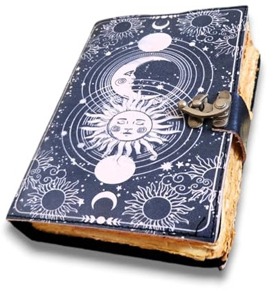 Leder-Tagebuch im Vintage-Stil, Motiv: Sonne und Mond, handgefertigt, 200 Seiten mit Büttenrand, C-Lock (Schwarz, 20,3 x 15,2 cm)