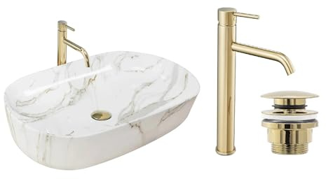 GTM Design Aufzatzwaschbecken mit Armatur - Waschbecken mit Hahn - Waschbeckenarmatur Gold - Aufzatzwaschbecken Oval - Waschbecken Weiß Marmor Glanz - Aufsatzwaschbecken mit Armatur komplett Set