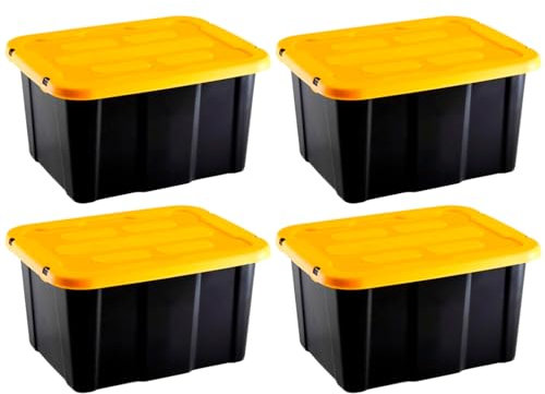 AC - Pack de 4 Cajas de almacenaje apilable con Tapa, plástico, cajón Multiusos, ordenación, Herramientas, hogar, Fabricada en España (Amarillo y Negro - 30 litros - 48 x 38 x 25,5 cm)