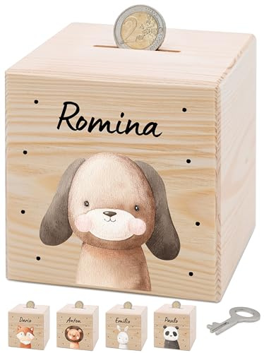Bärenfreunde® - Personalisierte Spardose Kinder aus Holz mit Metallschloss - Spardose mit Namen mit kinderfreundlichem UV-Druck zum Sparen für Kinderträume (Hund)