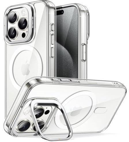 JETech Kickstand Case for iPhone 15 Pro, Clear | Compatible with MagSafe, Built-in Adjustable Camera Stand, Scratch Resistant Back, Shockproof Phone Bumper Cover