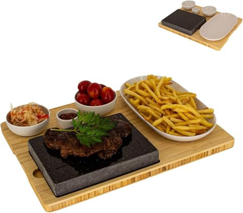 CAWI Lavastein Steakbrett, Servierplatte, Bambusbrett mit Hot Stone Grill, Steak Grillplatte, Steinplatte, Tischgrill Grill Set