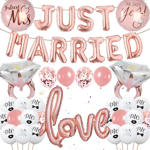 Just Married Hochzeit Deko Kit - 39 Stück Hochzeitsdeko Ballons Just Married Folienballon Rosegold Love Mr & Mrs Diamant Luftballons für Standesamt Tischdeko Hochzeit Auto Deko Brautpaar Zimmerdeko