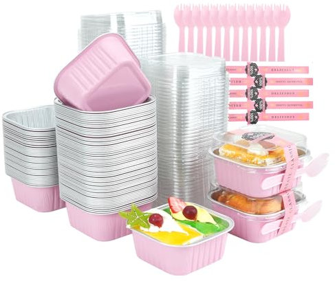 RETON - Juego de 100 moldes para tartas cuadrados con tapas (141,7 g), cajas de magdalenas con pegatinas y tenedores para fiestas, bodas (rosa)