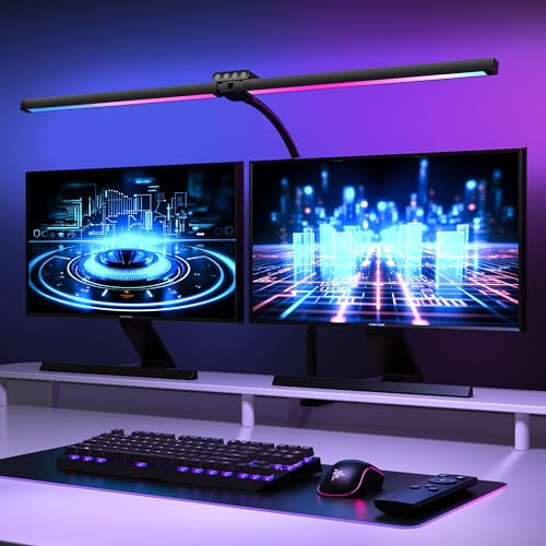 vatato Doppelkopf LED Schreibtischlampe mit RGB,Dimmbar 24W Schreibtischleuchte mit Fernbedienungen, Klemmbar Tageslichtlampe mit Stufenlose Dimmung&Farb,Büro Tischlampe für Home&office(schwarz)