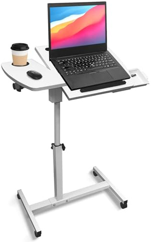 KUKKUME Laptoptisch Beistelltisch Höhenverstellbarer mit Rollen Mobiler Stehpult Schreibtisch Computertisch mit Schublade und Kippbarer Geteilter Oberseite für Büro Sofa Pflegebett (Weiß)