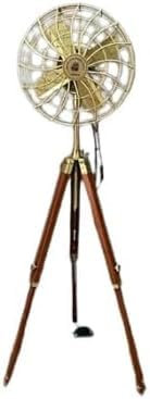 Natural Teak & Brass Pedestal Fan | Industrial Rotating Floor Fan on Wooden Tripod Stand | Heavy Duty Electric Air Circulator
