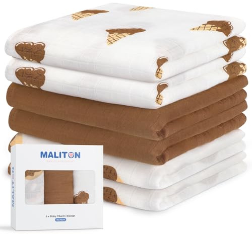 Maliton - Paquete de 6 paños de muselina para bebé, 70x70 cm, grandes paños de algodón para eructos, paquete de muselinas suaves y transpirables, artículos esenciales para recién nacidos - Estampados
