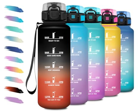 Sportflasche 1.5L, Auslaufsichere Wasserflasche mit Filter, Kohlensäure Geeignet, Wasserflasche mit Zeitmarkierung, Trinkflasche Sport für Fahhrad, Erwachsener, Wandern, Büro, Sprudel, Camping