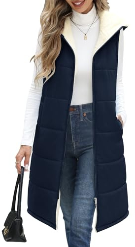 Yuson Girl Women's Quilted Gilet Fleece Long Gilet for Women UK Sleeveless Autumn Winter Longline Padded Gilet Ladies Lightweight Waistcoat Zip Up BodyWarmer Jacket With Pockets(Navy blue, S)
