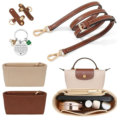 Teomevie 2 Organizer für Longchamp Mini Tasche Damen, 1.2CM Schultergurt für Long Champ Handtaschen, Geldbörsen-Organizer aus Filz, mit Mehreren Taschen, Tragegurt und Taschen Organizer für Longchamp