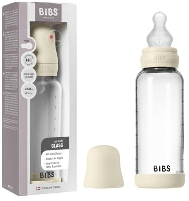 BIBS Baby Glass Bottle. 240ml Biberon en verre. Anti-colique. Embout rond en Silicone. Favorise l’allaitement naturel, 240ml, Complete Set - Ivory