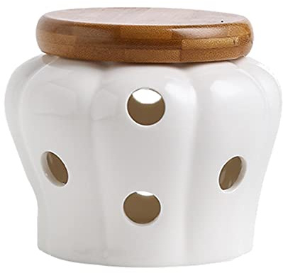 Kodxylytix Tarros de cerámica para ajos ventilados con tapa, recipiente para bodega, color blanco