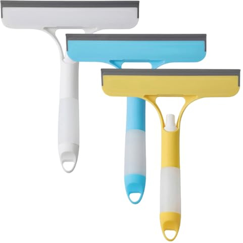 3 in 1 Window Cleaning Scraper, Window Squeegee Glass Cleaning Wiper with Spray and Brush, Squeegee for Shower Glass Multipurpose Windows Cleaner Tool for Mirrors, Kitchen, Bathroom (3PCS)
