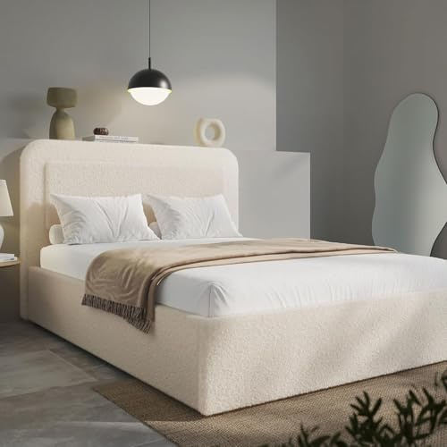 Blisswood Double Ottoman Bed, 4ft6 Double Bed With Gas Lift Opening Storage, Upholstered Ottoman Storage Bed Frame Towel Fabric For Bedroom Furniture (Ivory)
