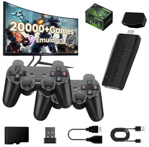 Consola Retro Portatil Clásica Consola Stick de 15 Emuladores + 20.000 Videojuegos Retro, 4K HDMI Consola de Videojuegos con 2 Mandos Inalámbricos de 2,4 G, Regalo Niños y Mayores