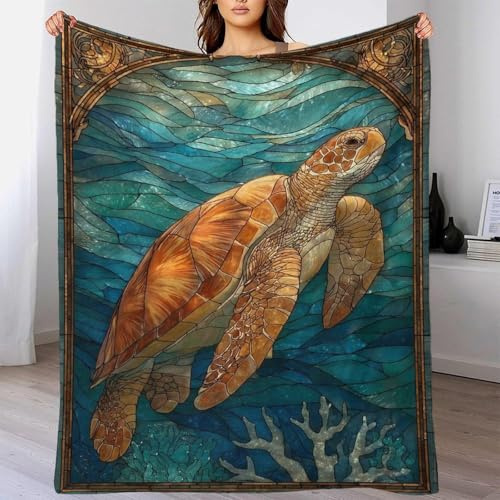QBIREX Stained Glass Sea Turtle In Ocean 3D Printed Fleece Blanket Throw Large Soft Warm Lightweight Bedspread Blanket Fluffy for Office 40x50inch(100x130cm)
