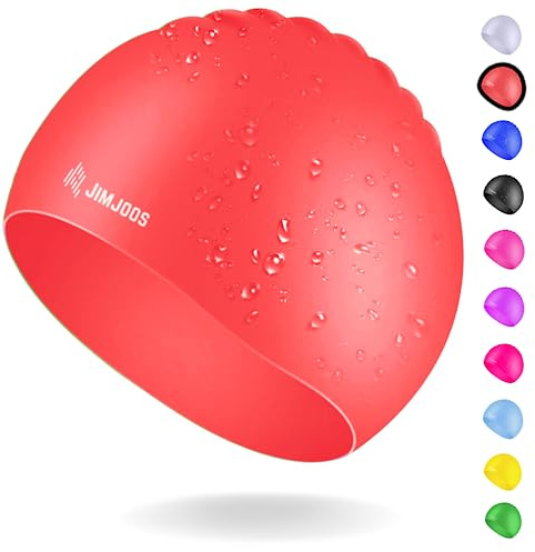 JIMJOOS Kids Swimming Cap 3–14 Years - Silicone Swim Cap for Boys & Girls - Anti-Slip, Stretchable, Waterproof Swimming Hat - Durable, Odour-Free Swim Hat with Protective Pouch (RED, 9-14 Years)