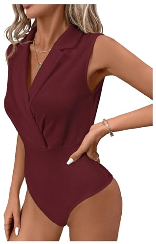 MakeMeChic Women's Collared Bodysuits Wrap V Neck Sleeveless Dressy Business Casual Blouse Tops Burgundy Medium