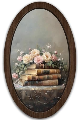 UYIKG Vintage Floral Wall Art Oval Framed,Farmhouse Oval Wooden Wall Decor,Oil Painting Art Wooden Framed Decor for Theme Room Home Bedroom Living Room Reading Room 9x14.6 in