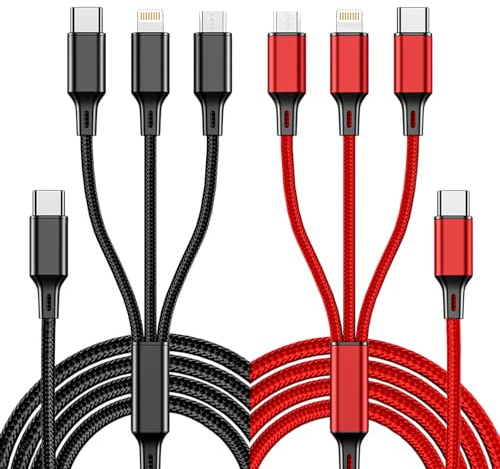 Multi Charger Cable,USB C 3 in 1 Charging Cables for Multiple Devices 2Pcs | Universal 1.25 m USB C to Micro USB, IP, Type C Cable Braided Mobile Phone Cables for iPhone,Samsung,iPad and more(Black+Red)