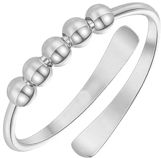 Collenatsy Fidget Ring Damen, verstellbarer Spinner aus Edelstahl, Anti Stress Anxiety Schmuck mit Perlen, Finger Stimmungsring Größe 50-56 (Silber)
