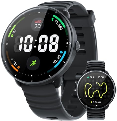 Parsonver Montre Connectée avec GPS Intégré, 5ATM Étanche Smartwatch Natation pour Piscine/Eau Libre, Montre Connecté avec AMOLED Écran, 100+ Sports,Fréquence Cardiaque,Sommeil (Noir, 42 mm)
