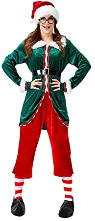 Niceyoeuk Erwachsene Weihnachtselfe Cosplay Kostüm Set, Grün Deluxe Santa Cosplay Anzug, Santa Helper Kostüm für Männer, Frauen, Hausparty (Grün Damen, M)