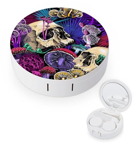 fkgvwo Contact Lens Container Mushrooms Skull Travel Contact Lens Box with Mirror Tweezers Solution Bottle
