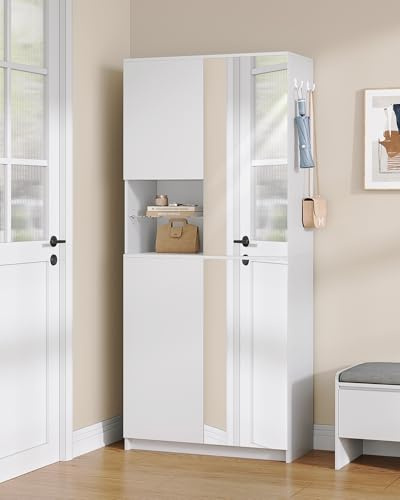 Hzuaneri Schuhschrank Hohe mit Spiegeltür, Zum Öffnen Drücken, Verstellbare Regalböden, 36-40 Paar, 2 Haken, Offenen Fächern, Mehrzweckschrank für Flur, Eingang, 36 x 80 x 180 cm, Weiß SR62203X