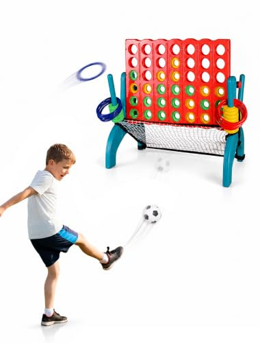 3 in 1 Outdoor Four in a Row Game with Ring Toss, Football and Carry Bag | Three games in one portable set: four in a row, ring toss and football, with pump and carry bag for garden and beach play.