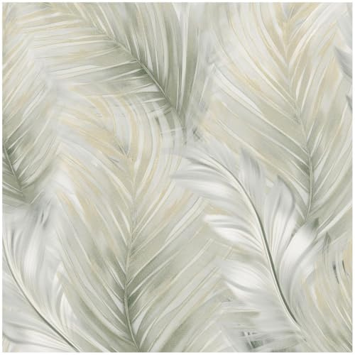 YöL Green Cream Feather Leaf Metallic Wallpaper Roll, Tropical Palm Botanical Wall Covering, Soft Neutral Luxury Design for Bedroom Living Room Feature Wall