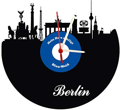 Wanduhr Berlin Skyline, blau-weiß, Fußballuhr, hochwertige Acrylglasuhr mit Quarzwerk, 3 mm Stärke