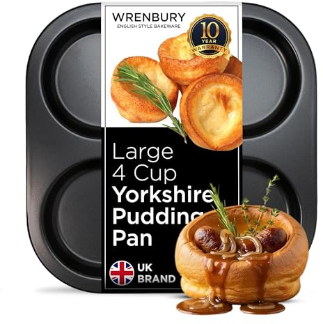 Wrenbury Yorkshire Pudding Form 4 Tassen| Robuste Antihaft Yorkshire Pudding Backform - 10 Jahre Qualitätsgarantie Backform Weihnachten Yorkshire Puddings | Puddings zum einfachen Herauslösen von Puddings, 10,2 cm, gleichmäßiges Erhitzen, rostfreie Beschichtung, 10 Jahre Garantie