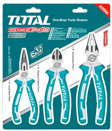 TOTAL - Set di 3 Pinze - Universale 180 mm - Taglio Diagonale 160 mm - Punta Piatta 160 mm - Manico Ergonomico in Fibra - Acciaio Cromo Vanadio - Ideale per Fai da Te ed Elettricisti - Peso 250 gr