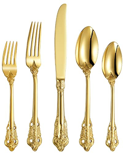 KEAWELL Luxury 20-Piece 18/10 Stainless Steel Flatware Set (Gold) | 18/10 Stainless Steel High-End Fine Silverware Set; Service for 4; Brilliant Mirror Finish; Elegant Gold Finish